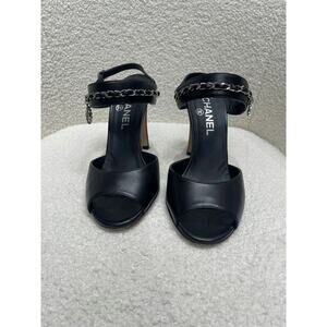 Chanel Women's Black Leather Peep Toe Sandals Size 37 - Made in Italy